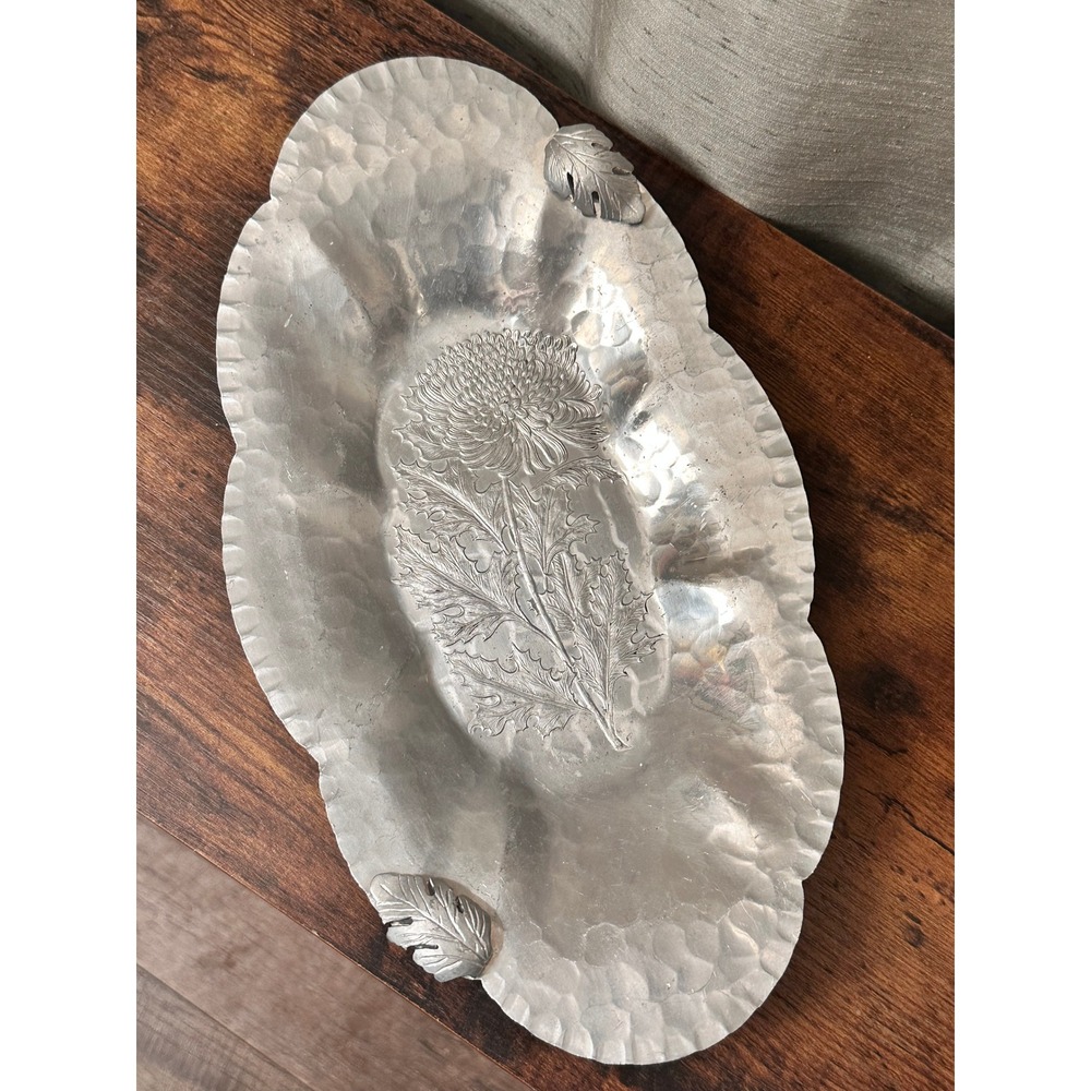 Continental Silverlook Tray 572 Silver Hand Wrought Chrysanthemum MCM Decor